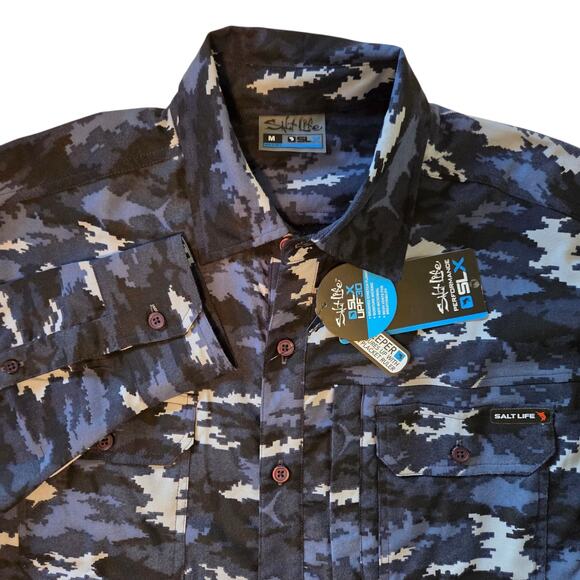 Salt Life SLX Fishing Shirt Stretch Flannel, Fish Camo Print NWT sz M Mesh Vents - Picture 1 of 13